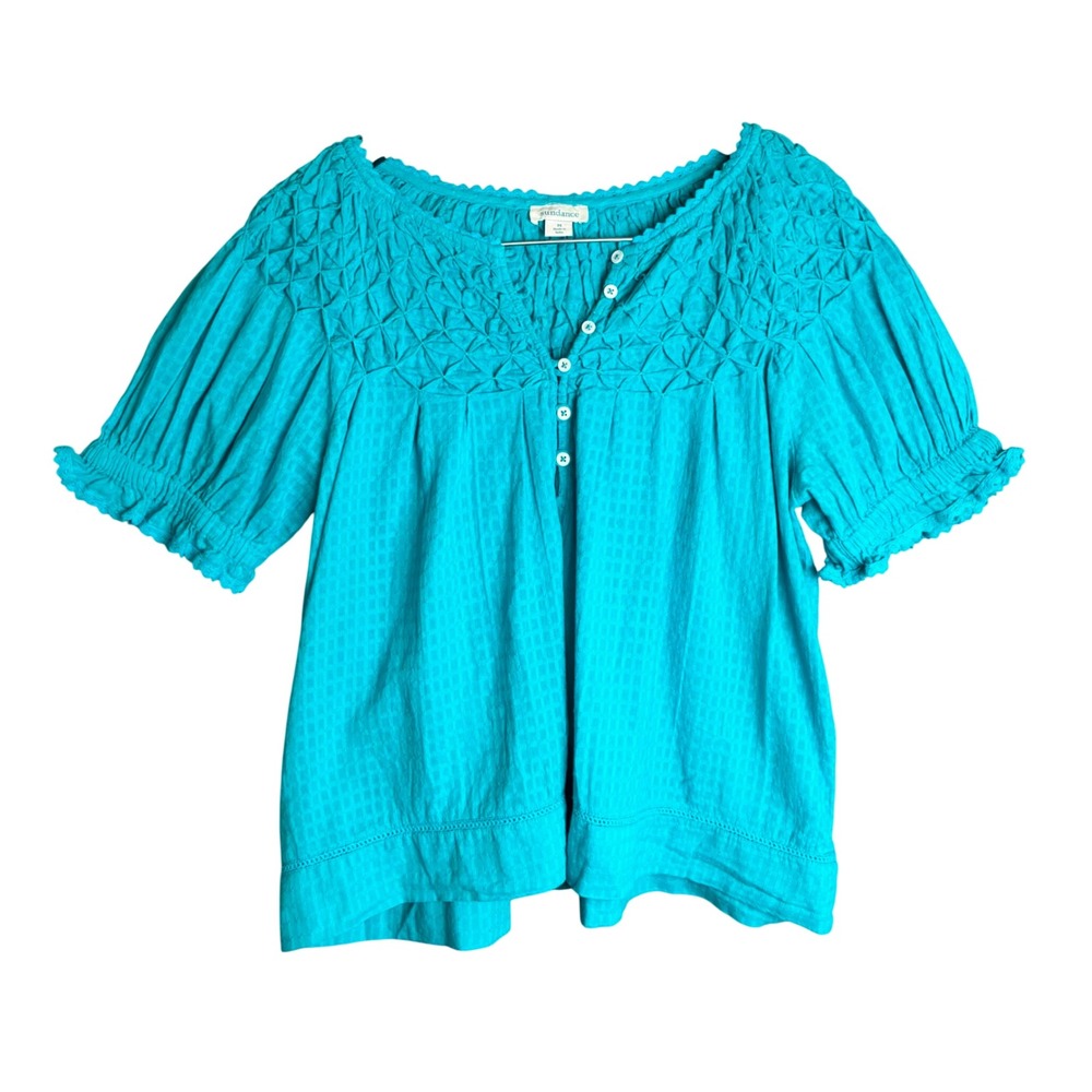 Sundance Blouse Cotton Gauze Shirred Short Sleeve Oversized Teal Medium Peasant